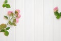 Frame made of pink rose flowers on white wooden background - Fla