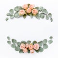 Frame made of pink roses, green leaves eucalyptus, branches, floral pattern on white background. Flat lay, top view Royalty Free Stock Photo