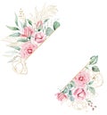 Frame made of pink watercolor flowers and green leaves, wedding and greeting illustration