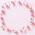 Frame made of rose flowers, petals and heart shaped confetti on light pink background. Floral composition Royalty Free Stock Photo