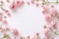 Frame made of rose flowers, petals and heart shaped confetti on light pink background. Floral composition Royalty Free Stock Photo