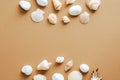 Frame made of seashells on sand color background. Summer, vacation concept. Flat lay, top view, overhead Royalty Free Stock Photo
