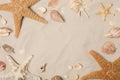 Frame made of seashells and starfishes on beach sand, with space for text Royalty Free Stock Photo