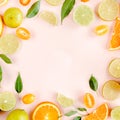 Frame made of summer tropical fruits: orange, lemon, lime, mango on pink background. Food concept. flat lay, top view Royalty Free Stock Photo