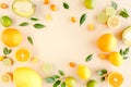 Frame made of summer tropical fruits: orange, lemon, lime, mango on yellow background. Food concept. flat lay, top view Royalty Free Stock Photo