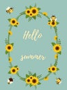 Frame made of sunflowers, leaves and cute bees with honey. Greetings card Hello Summer. Vector. Royalty Free Stock Photo