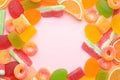 Frame made with tasty jelly candies, top view. Space for text Royalty Free Stock Photo