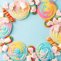 Frame made with tasty sugar candies on color background, top view. Space for text, party, candy bar, childhood, birthday concept Royalty Free Stock Photo