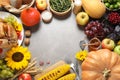 Frame made of turkey, autumn vegetables and fruits on background, flat lay. Happy Thanksgiving day Royalty Free Stock Photo