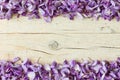 Frame made of violet wisteria flowers on white wooden background