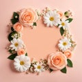 Frame is made of white flowers on the background in color of the year 2024 peach fuzz. Greeting card. Generative AI Royalty Free Stock Photo