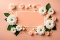 Frame is made of white flowers on the background in color of the year 2024 peach fuzz. Greeting card. Generative AI Royalty Free Stock Photo