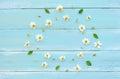 Frame made of white wild flowers and leaves on blue wooden background.