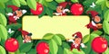 Frame magic garden with fruits and gnomes by there is copy space for adding text. Colorful frame. Background concept