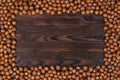 Frame of many hazelnuts with shells on brown wooden boards Royalty Free Stock Photo