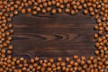 Frame of many hazelnuts with shells on brown wooden boards Royalty Free Stock Photo