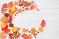 Frame with maple leaves, pine cones, nuts, pumpkins and rowan berries, autumn abstract composition, Thanksgiving concepts,