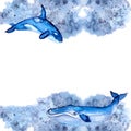 Frame with marine life. Watercolor. Hand drawn whale, shark, dolphin, killer whale, fish, beluga.