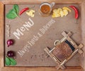 Frame for a menu or recipe with beer and snacks. Top view.