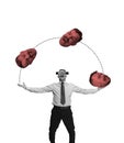 Comtemporary art collage. Creative design of man juggling heads isolated over white background. Choosing mood Royalty Free Stock Photo