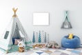 Frame mock up in child room interior. Interior scandinavian style. 3d rendering, 3d illustration