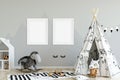 Frame mock up in child room interior. Interior scandinavian style. 3d rendering, 3d illustration