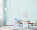 Frame mock up in children room interior in light blue tones with kids table and chairs, soft toys and balloons, 3d rendering Royalty Free Stock Photo
