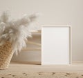 Frame mock up close up near bench and pampas grass in wicker handbag