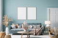 Frame mock-up in home interior with blue sofa, wooden table and decor in blue living room Royalty Free Stock Photo