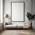 Frame mock up in living room design, white furniture on bright wall background Royalty Free Stock Photo