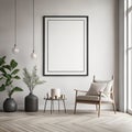 Frame mock up in living room design, white furniture on bright wall background Royalty Free Stock Photo