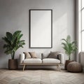 Frame mock up in living room design, white furniture on bright wall background Royalty Free Stock Photo