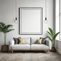 Frame mock up in living room design, white furniture on bright wall background Royalty Free Stock Photo