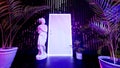 Frame mock up,modern gallery with antique sculpture ,tropical plants and neon frame,cyberpunk contemporary double lighting