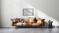 Frame mock up in modern living room interior with white wall and sun rays, brown leather sofa and black design coffee table on raw Royalty Free Stock Photo