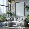 Frame mock-up, multiple blank frames In Cozy Modern Living Area With Comfortable grey couch Seating and Rustic Walls at Daytime Royalty Free Stock Photo