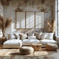 Frame mock-up, multiple blank frames In Cozy Modern Living Area With Comfortable White Seating and Rustic Walls at Daytime Royalty Free Stock Photo