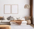 Frame mockup in bright living room design, white sofa in farmhouse boho interior style