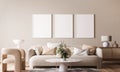 Frame mockup in bright modern living room, beige sofa with marble coffee table and flower vase on white background