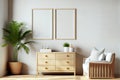 Frame mockup in bright modern living room design, two vertical wooden frames on white wall background, AI Generated Royalty Free Stock Photo