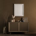 Frame mockup in brown dark room with wood drawer and stone vase.