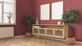 Frame mockup, contemporary wooden living room in red tones, lounge furniture with potted plants. Parquet floor, window with Royalty Free Stock Photo