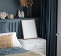 Frame mockup in cozy dark classic blue bedroom interior background