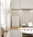 Frame mockup in cozy light kitchen interior, Scandinavian style Royalty Free Stock Photo