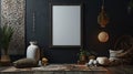 Frame mockup in dark home interior with ethnic decoration. Ai Generative Royalty Free Stock Photo