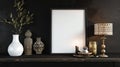 Frame mockup in dark home interior with ethnic decoration. Ai Generative Royalty Free Stock Photo