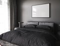 Frame mockup in dark loft decoration bedroom interior design. Bed with black beddings. Minimalist picture art on wall