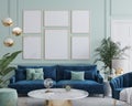 Frame mockup in home interior with blue sofa, marble table and tiffany blue wall decor in living room Royalty Free Stock Photo