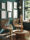 Frame mockup in home interior with rattan furniture and decor, dark green living room Royalty Free Stock Photo