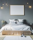 Cozy bedroom with empty poster frame. Frame mockup in interior. Royalty Free Stock Photo